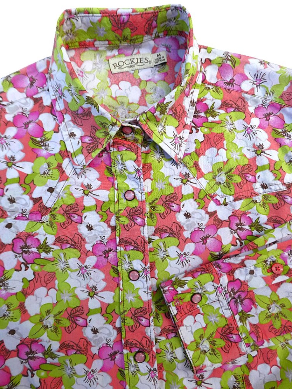 WeSTeRN Vintage Pink Pearl Snap Floral Shirt Peaked Front & Back Yokes Cotton M